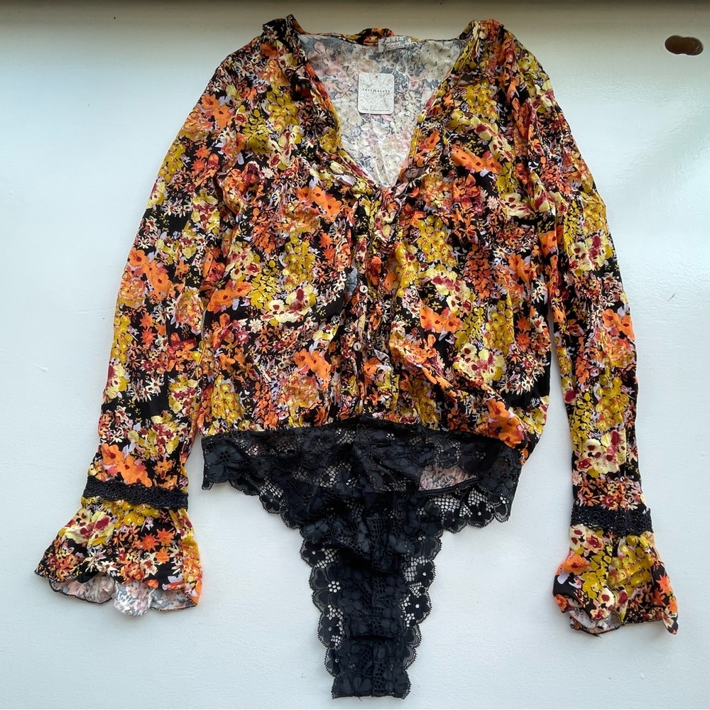 Intimately Free People orange & black long sleeve floral bodysuit w/ black lace - Picture 2 of 11